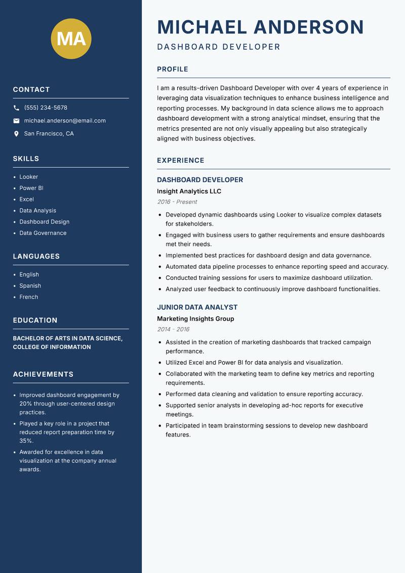 Dashboard Developer resume template — Classic Clean