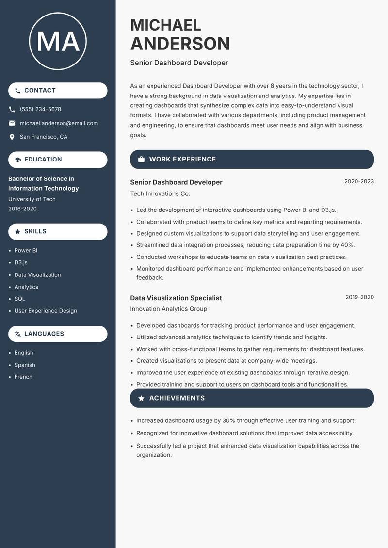 Dashboard Developer resume template — Compact