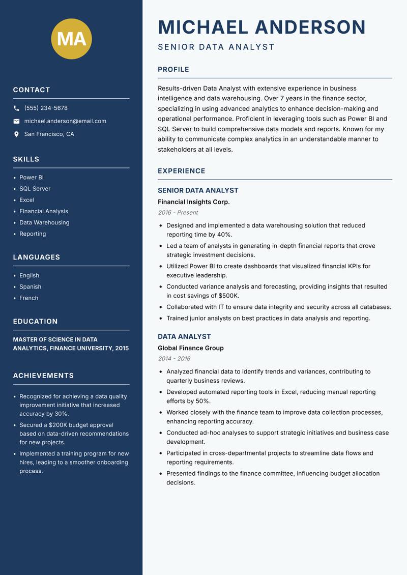 Data Analyst resume template — Classic Clean