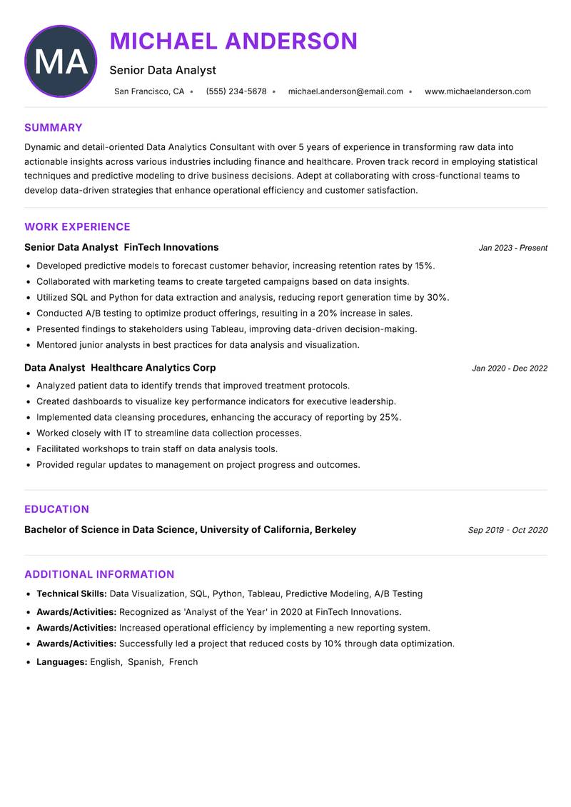Data Analytics Consultant resume example — ATS-friendly template