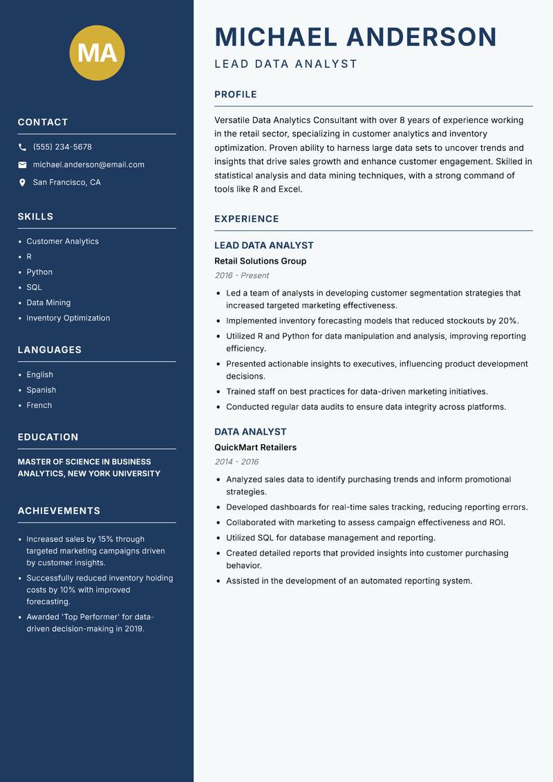 Data Analytics Consultant resume template — Classic Clean