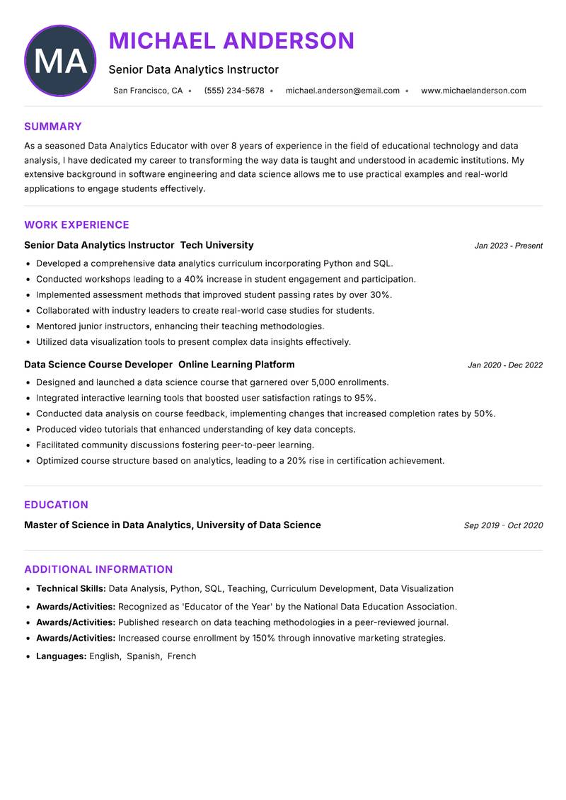 Data Analytics Educator resume example — ATS-friendly template