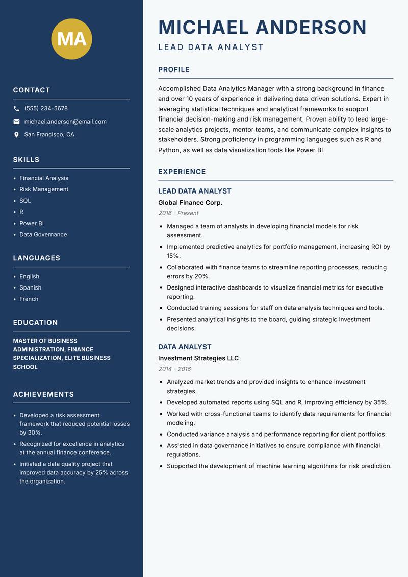 Data Analytics Manager resume template — Classic Clean