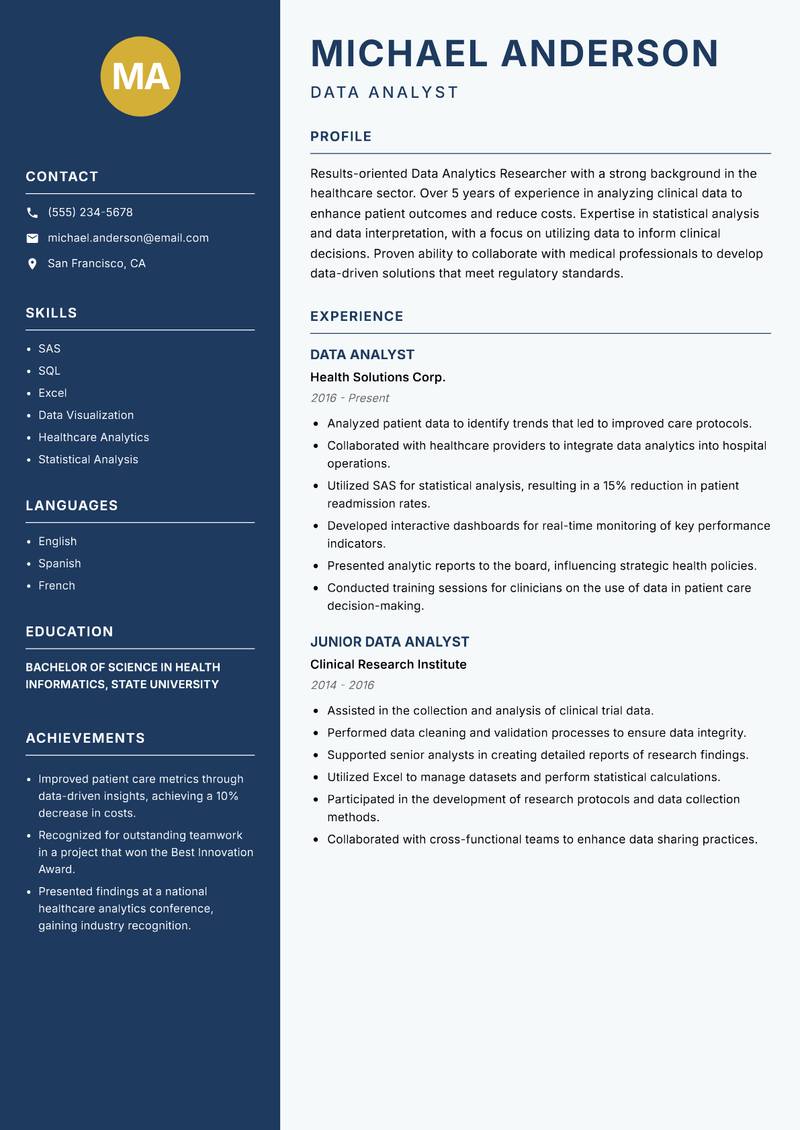 Data Analytics Researcher resume template — Classic Clean