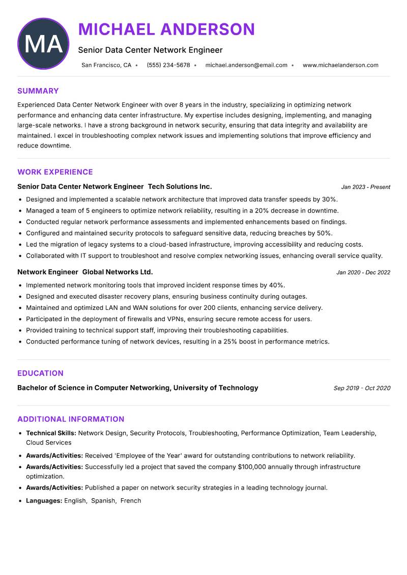Data Center Network Engineer resume example — ATS-friendly template