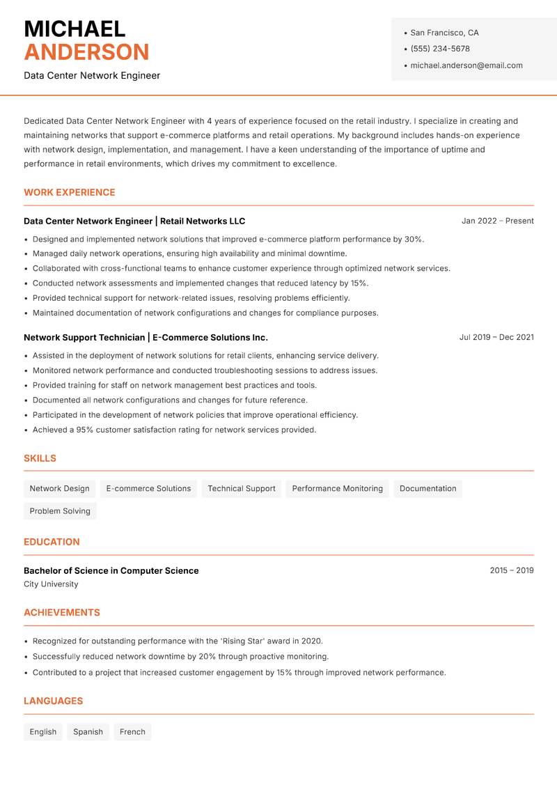 Data Center Network Engineer resume template — Modern Professional