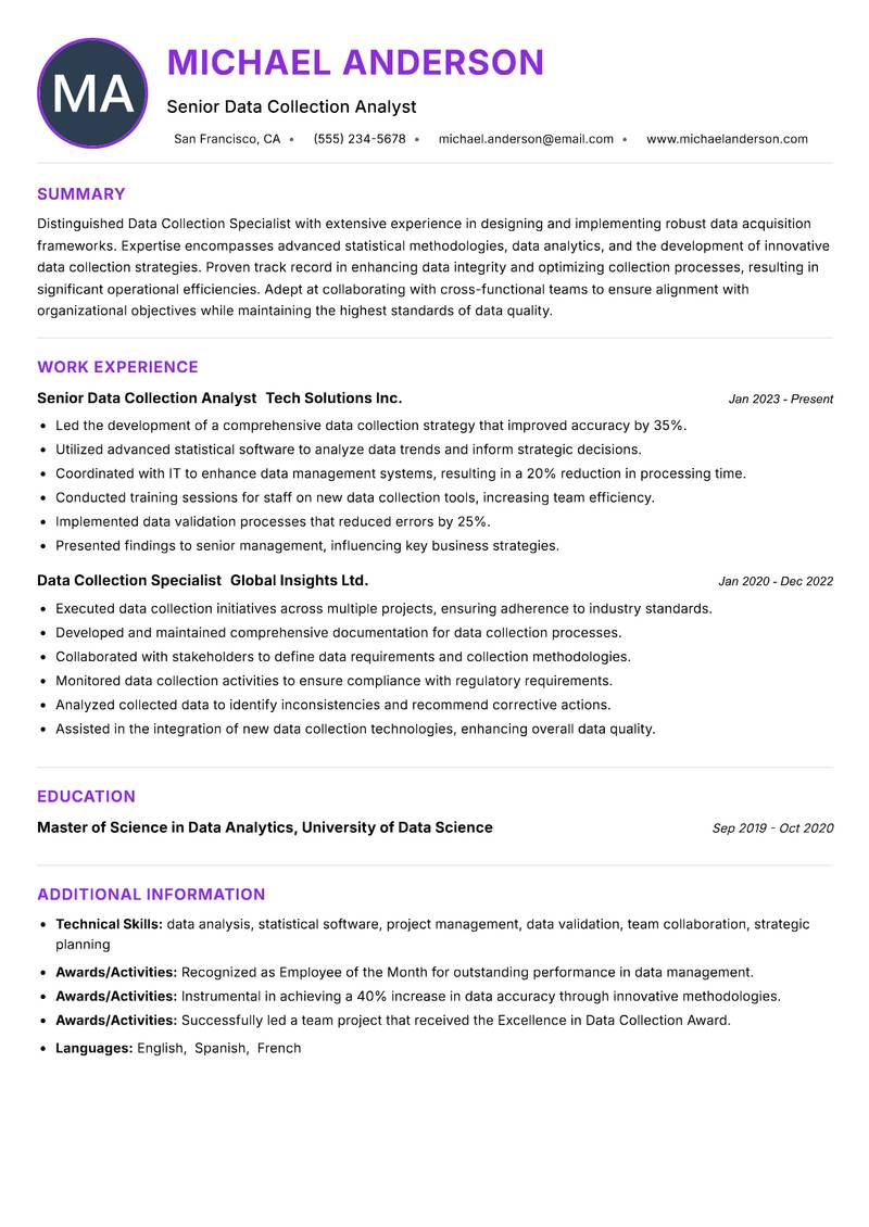 Data Collection Specialist resume example — ATS-friendly template