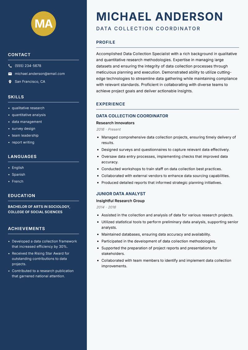 Data Collection Specialist resume template — Classic Clean