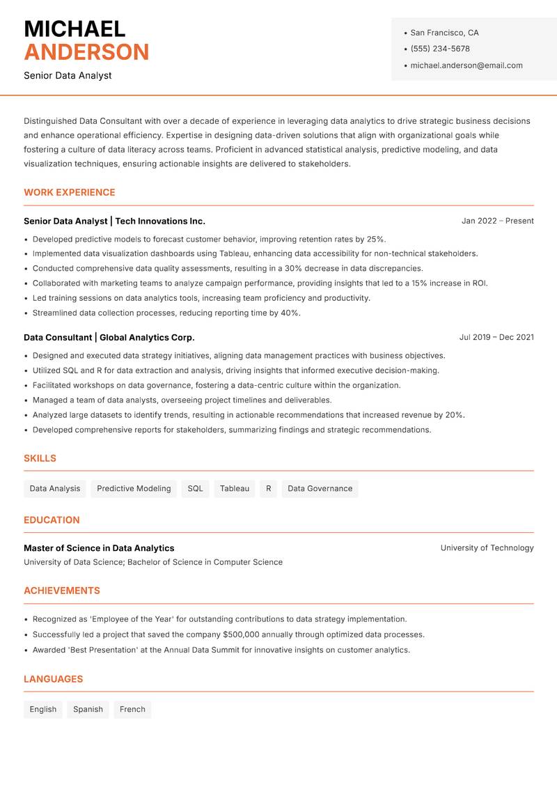 Data Consultant resume template — Modern Professional
