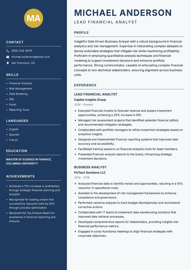 Data Driven Business Analyst resume template — Classic Clean
