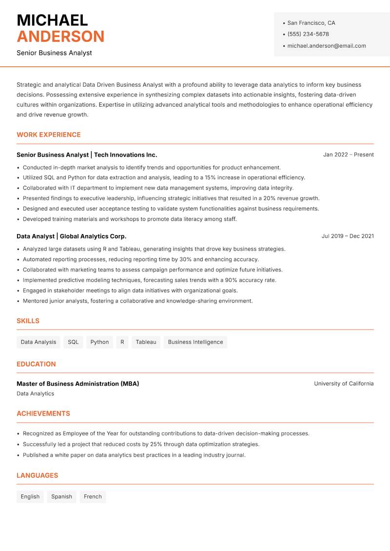 Data Driven Business Analyst resume template — Modern Professional