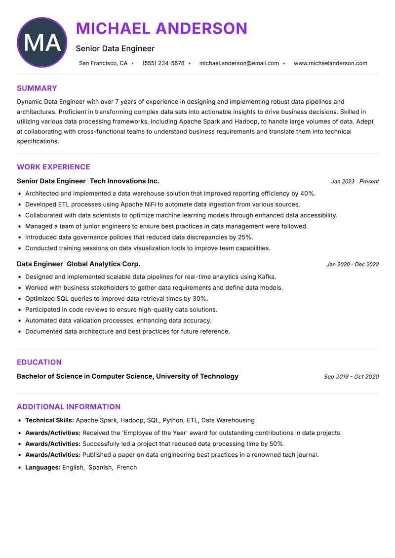 Data Engineer resume example — ATS-friendly template
