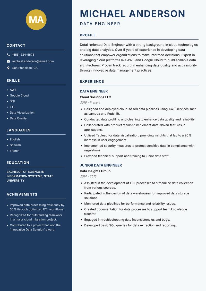 Data Engineer resume template — Classic Clean