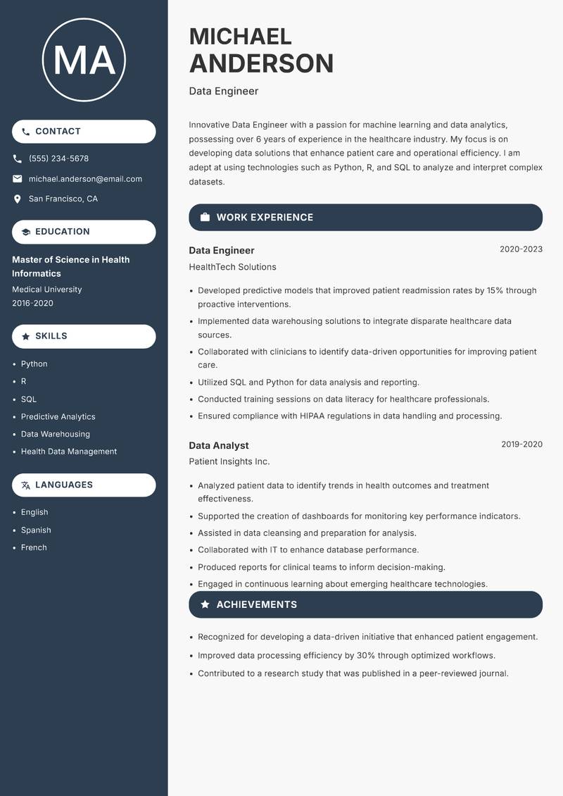Data Engineer resume template — Compact