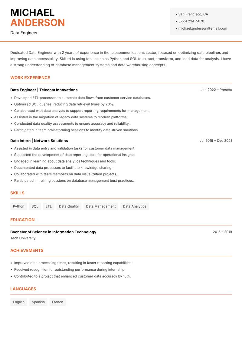 Data Engineer resume template — Modern Professional