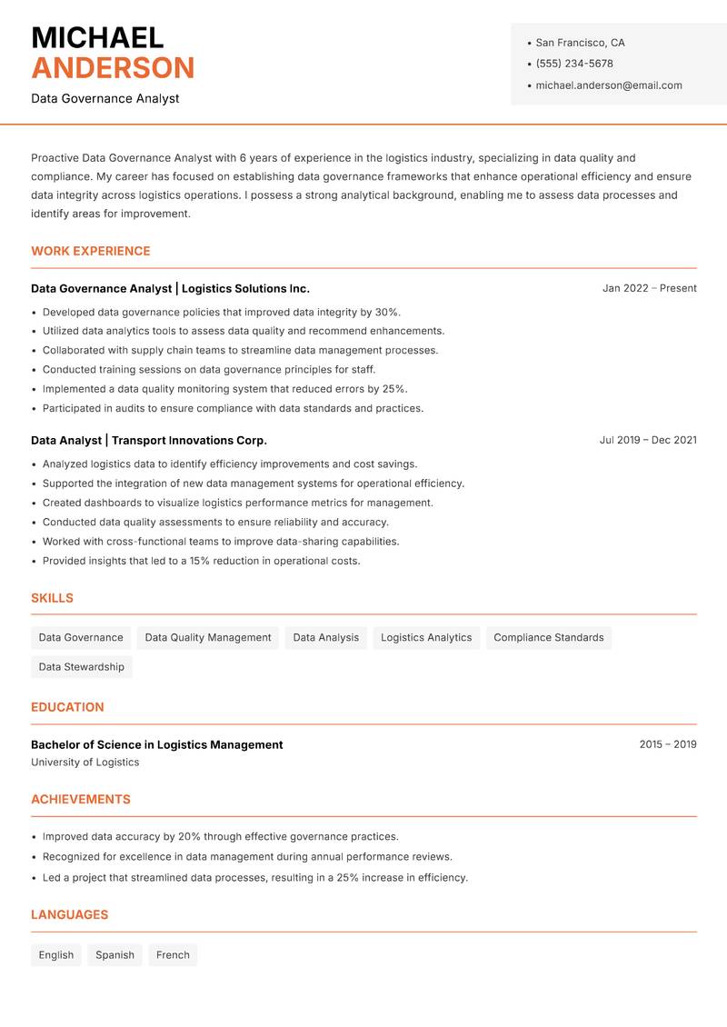 Data Governance Analyst resume template — Modern Professional