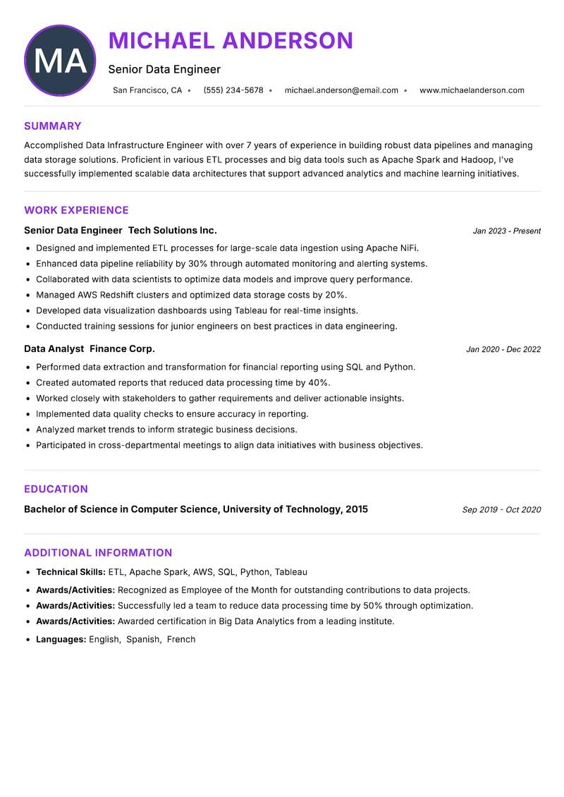 Data Infrastructure Engineer resume example — ATS-friendly template