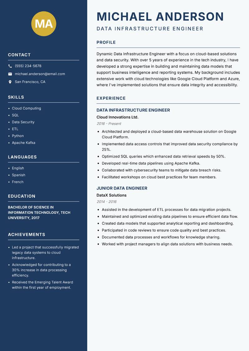 Data Infrastructure Engineer resume template — Classic Clean
