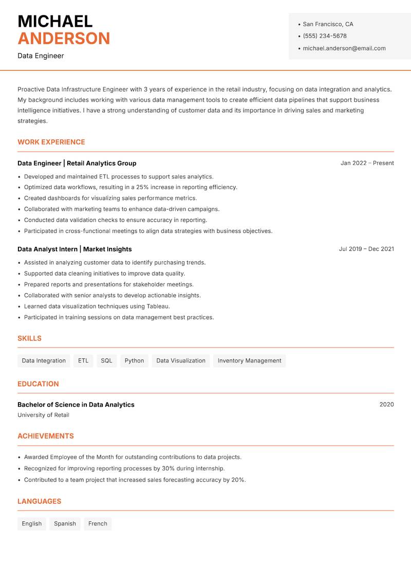 Data Infrastructure Engineer resume template — Modern Professional