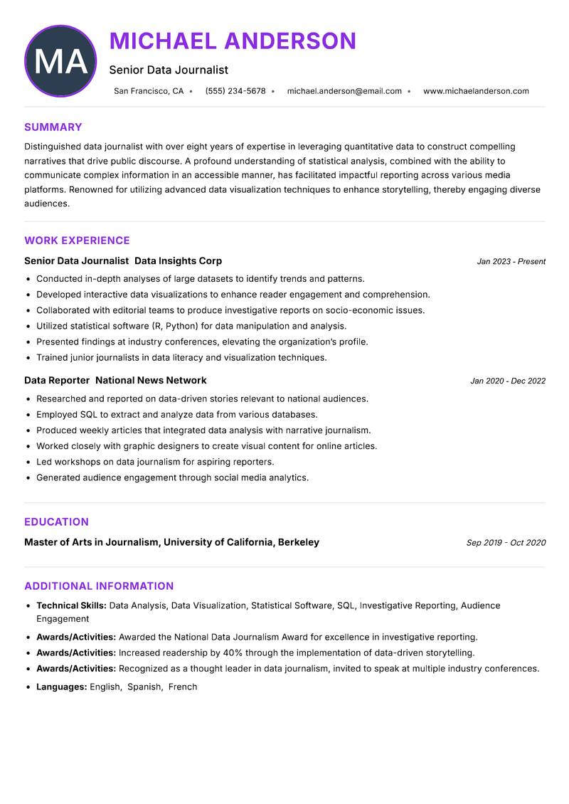 Data Journalist resume example — ATS-friendly template