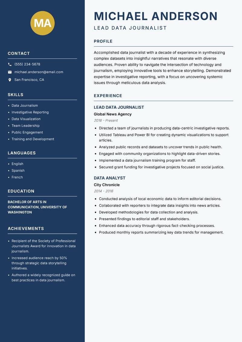 Data Journalist resume template — Classic Clean
