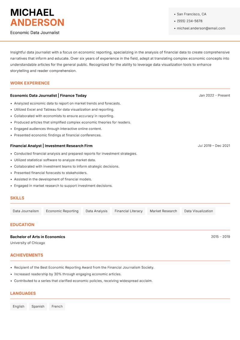 Data Journalist resume template — Modern Professional