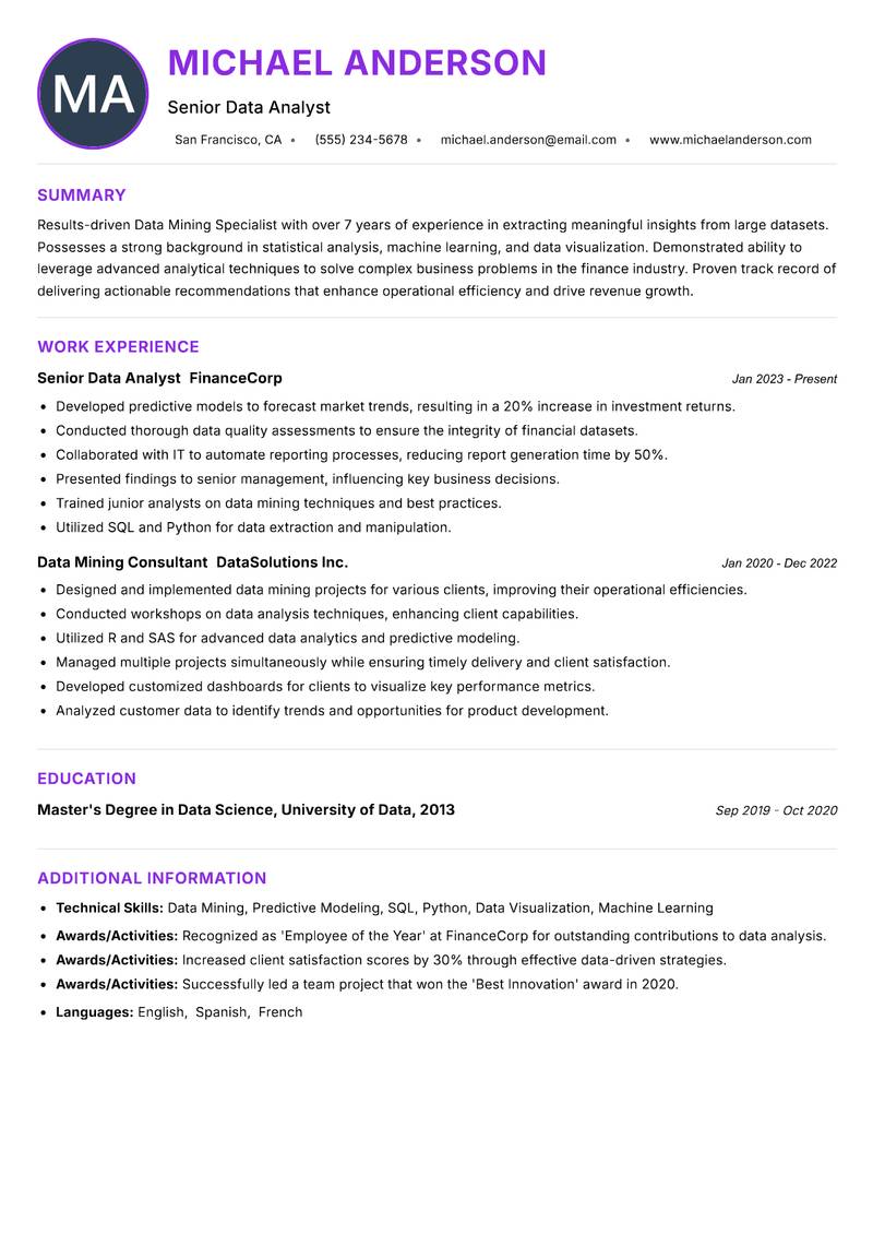 Data Mining Specialist resume example — ATS-friendly template