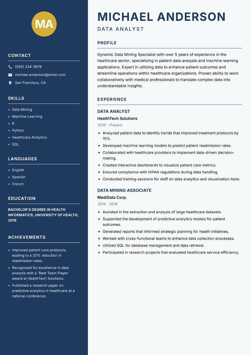 Data Mining Specialist resume template — Classic Clean