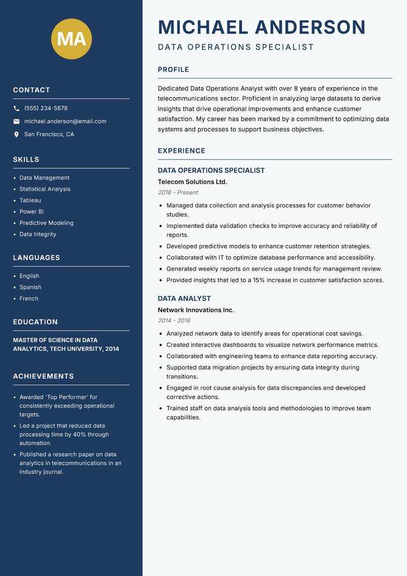Data Operations Analyst resume template — Classic Clean
