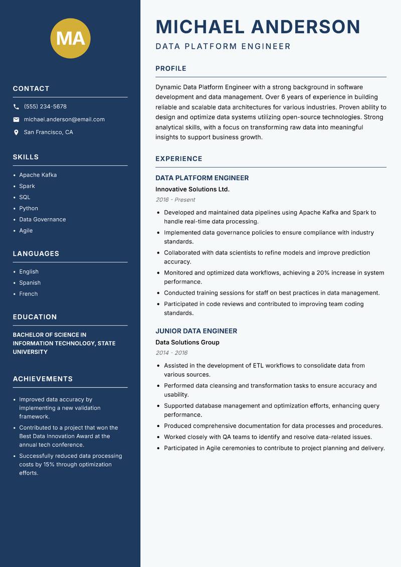 Data Platform Engineer resume template — Classic Clean