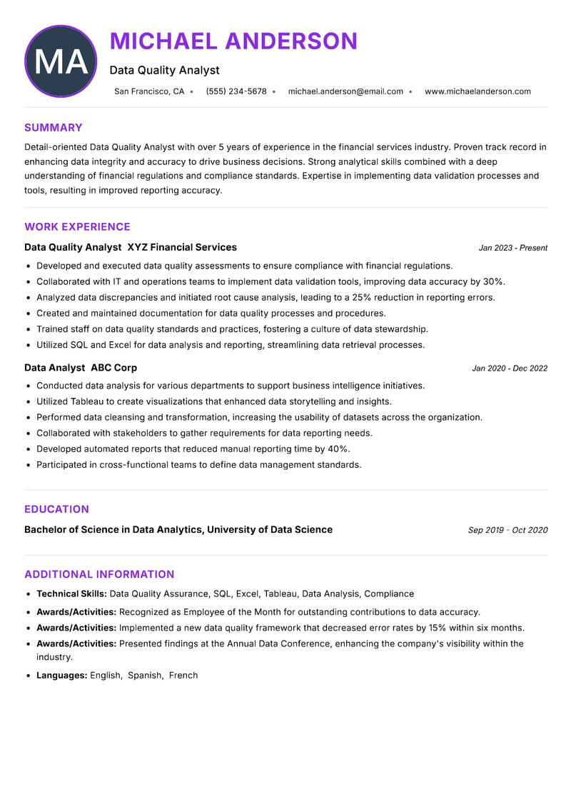 Data Quality Analyst resume example — ATS-friendly template
