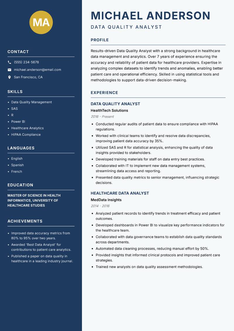 Data Quality Analyst resume template — Classic Clean