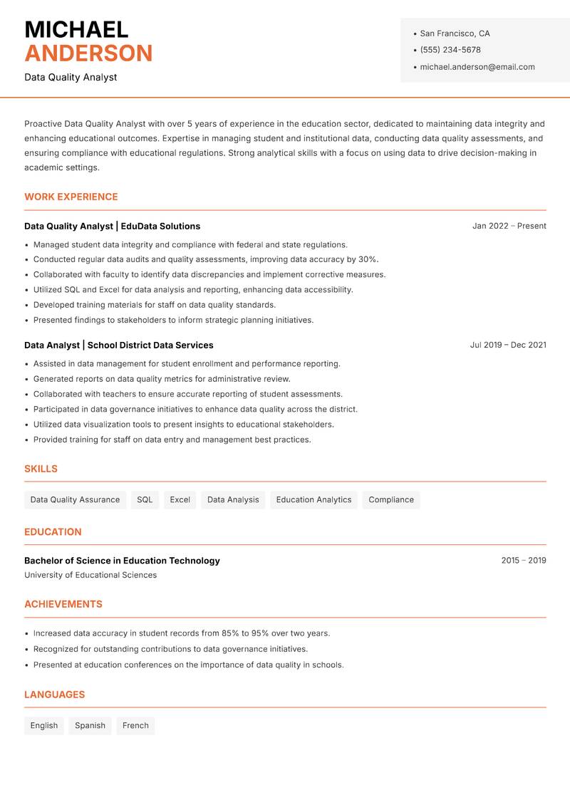Data Quality Analyst resume template — Modern Professional