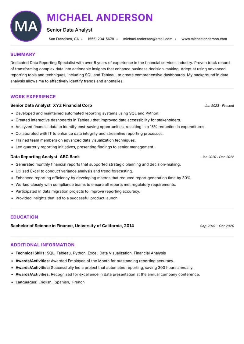 Data Reporting Specialist resume example — ATS-friendly template