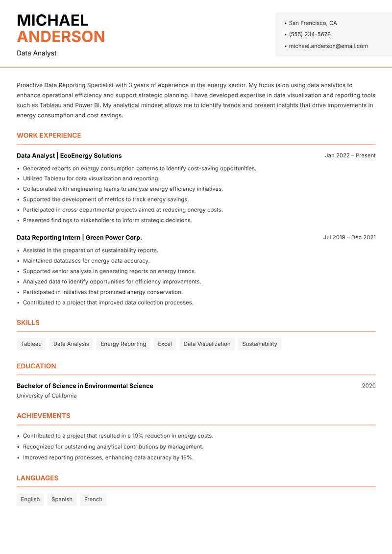 Data Reporting Specialist resume template — Modern Professional