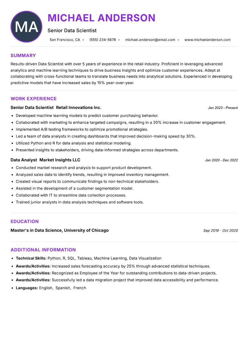 Data Scientist resume example — ATS-friendly template