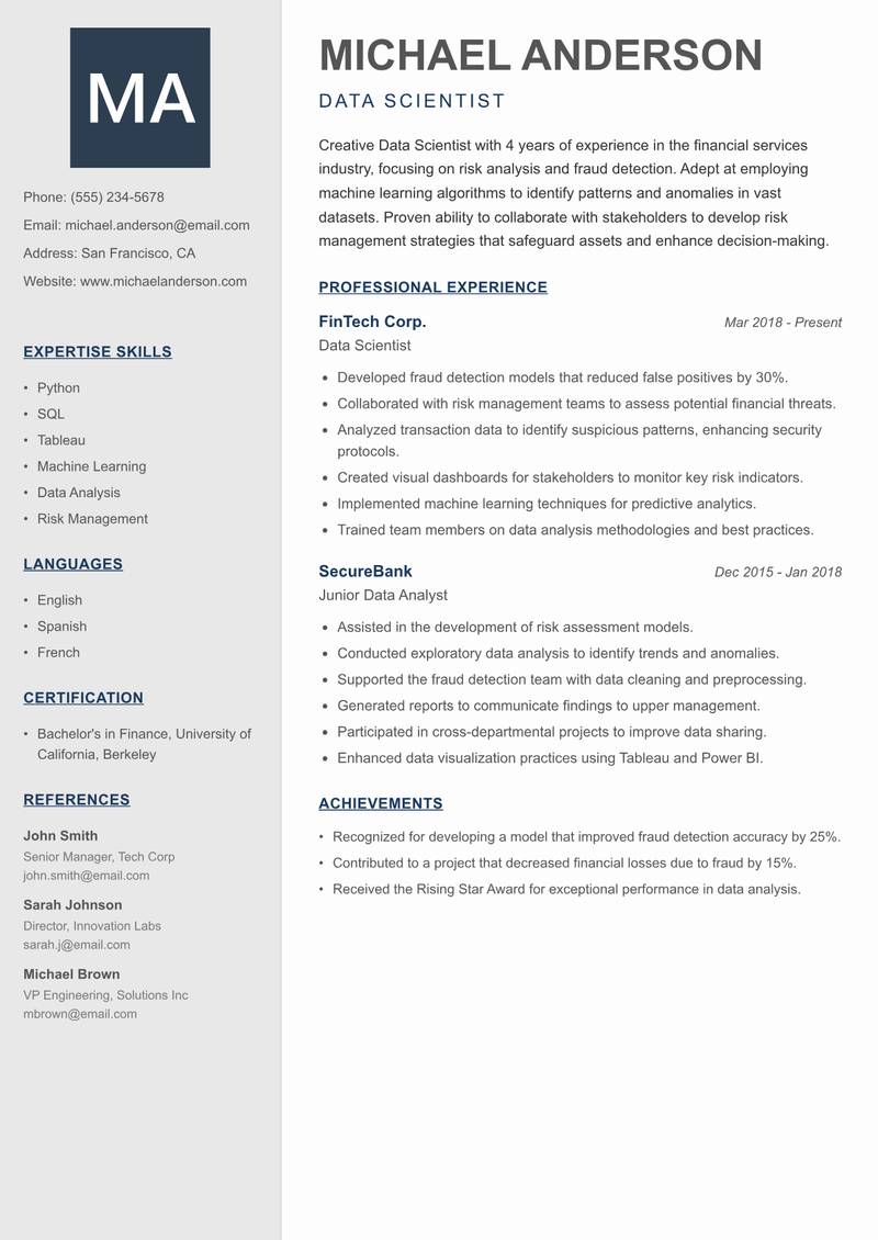 Data Scientist resume template — Creative Minimal