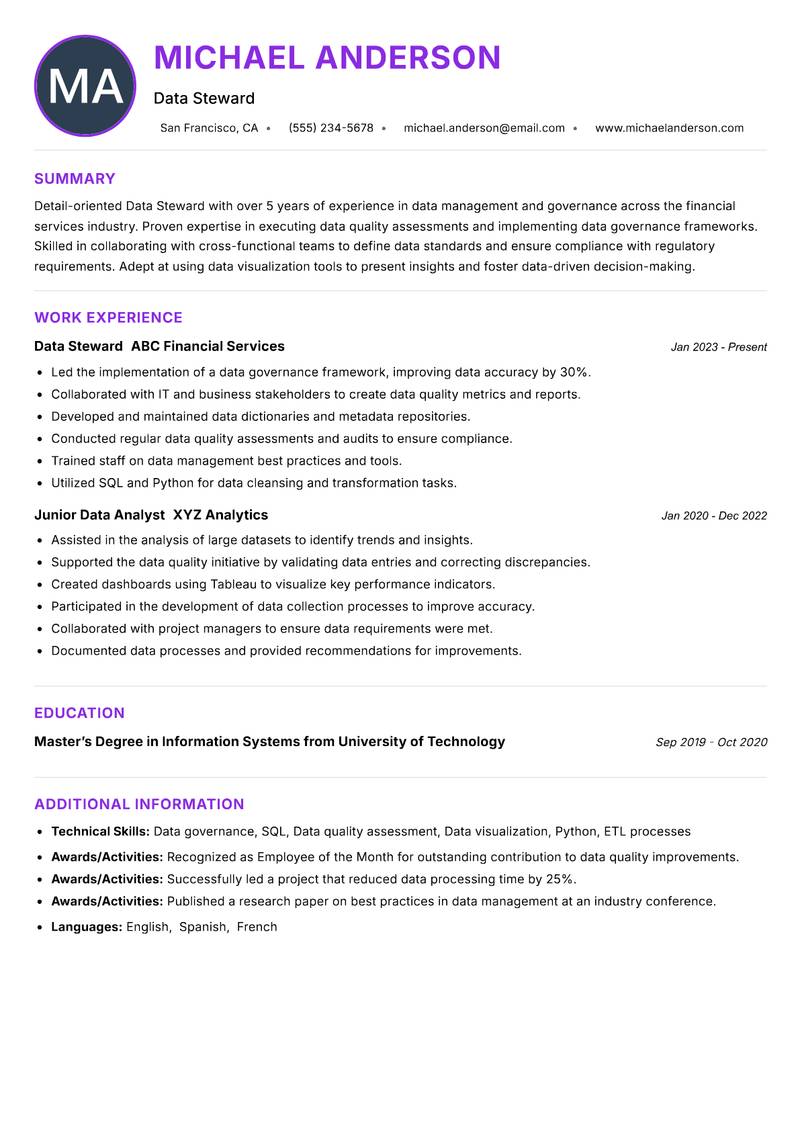 Data Steward resume example — ATS-friendly template