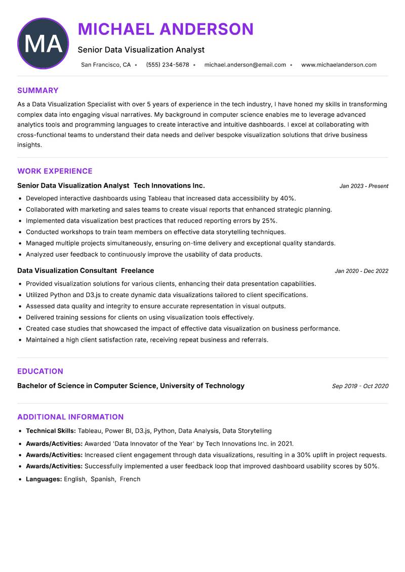 Data Visualization Specialist resume example — ATS-friendly template