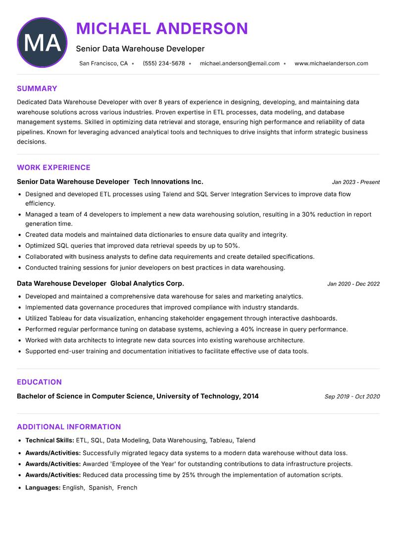 Data Warehouse Developer resume example — ATS-friendly template
