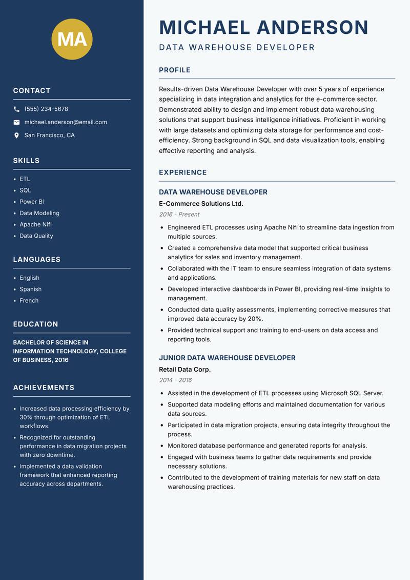 Data Warehouse Developer resume template — Classic Clean