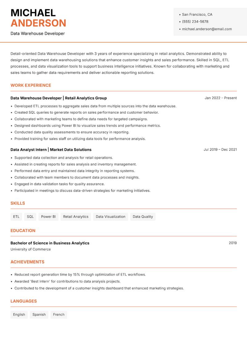 Data Warehouse Developer resume template — Modern Professional