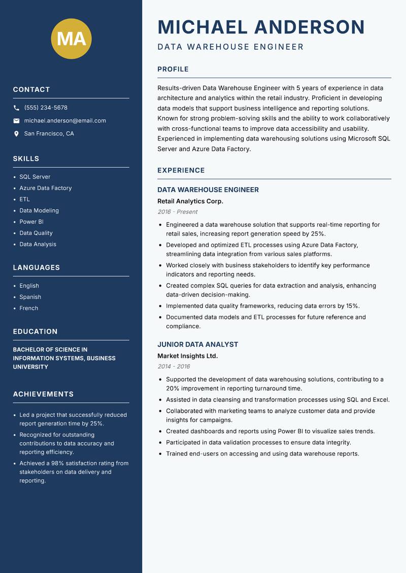 Data Warehouse Engineer resume template — Classic Clean