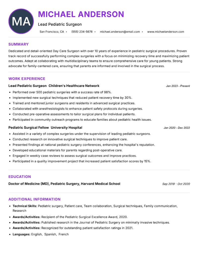 Day Care Surgeon resume example — ATS-friendly template