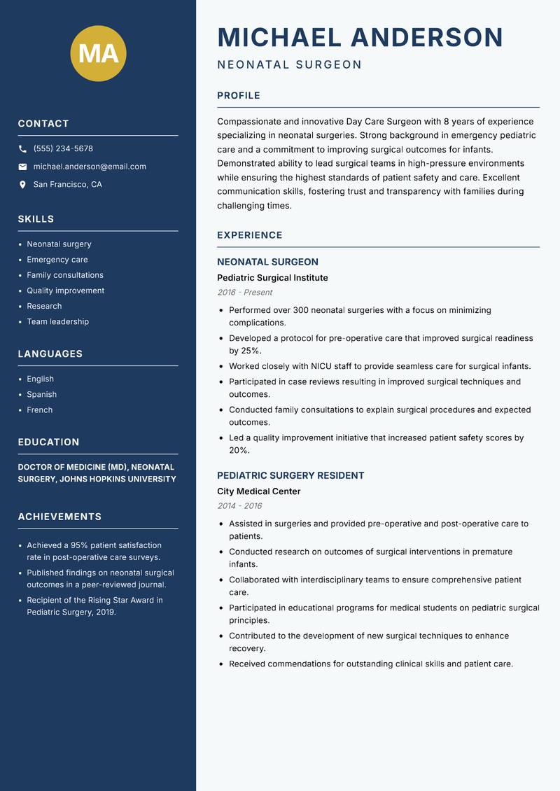 Day Care Surgeon resume template — Classic Clean