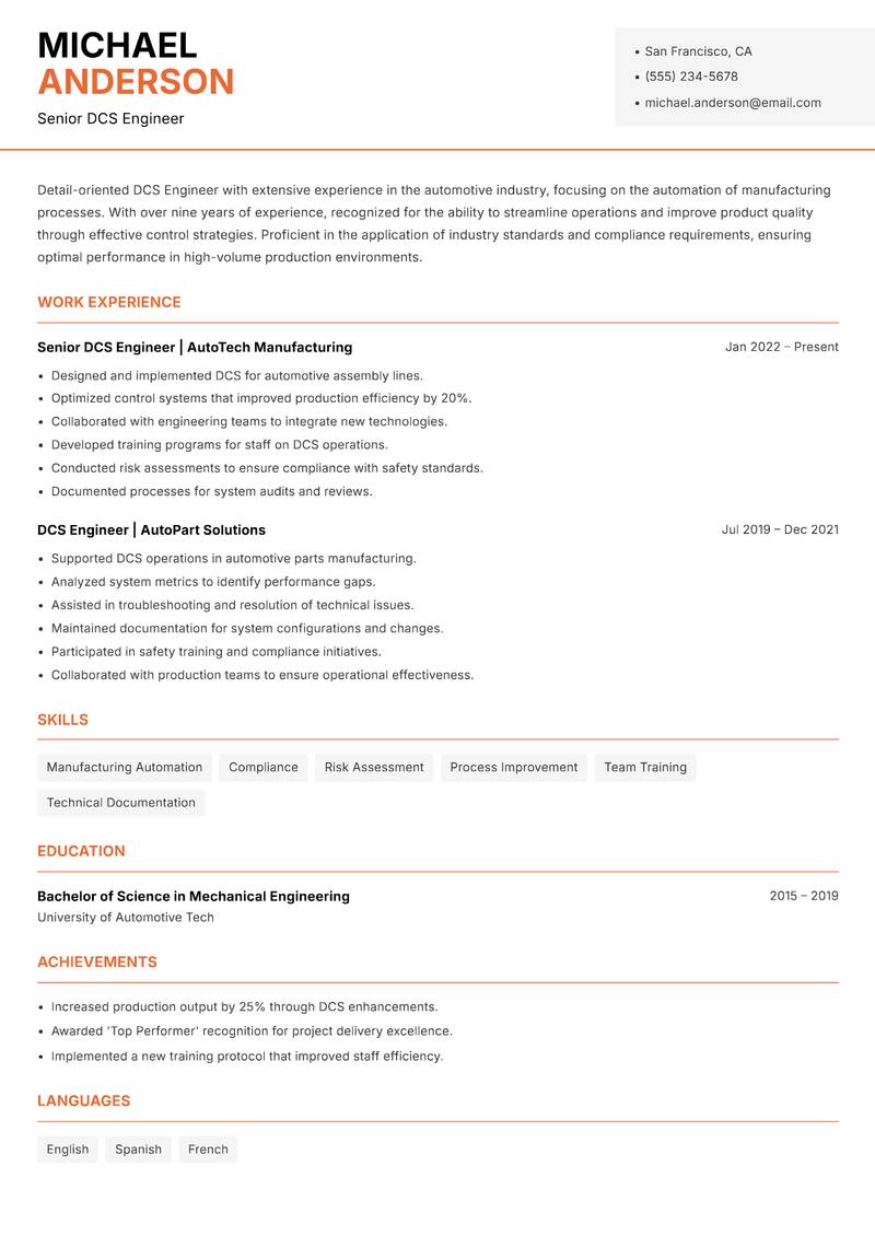 DCS Engineer resume template — Modern Professional