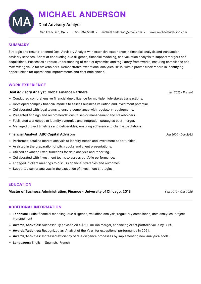 Deal Advisory Analyst resume example — ATS-friendly template