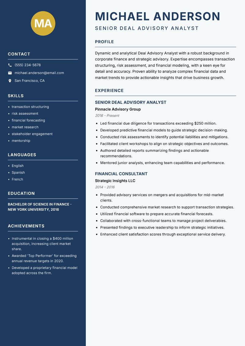 Deal Advisory Analyst resume template — Classic Clean
