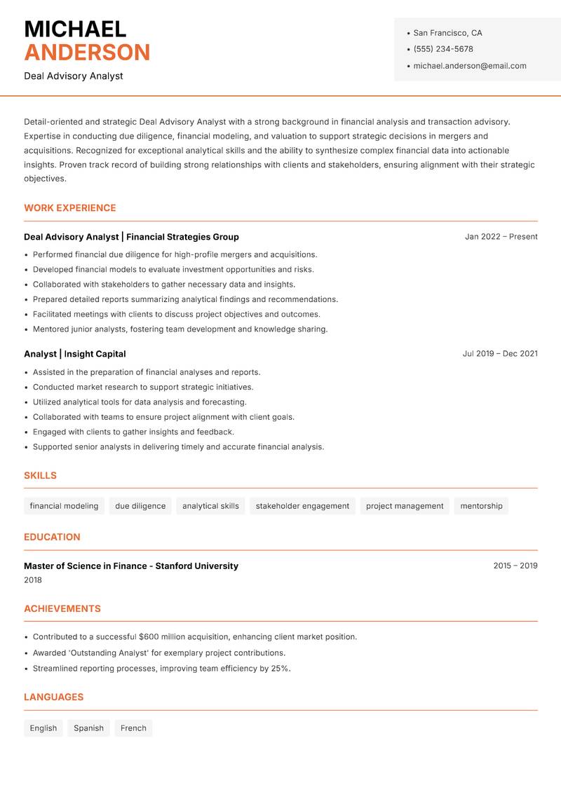 Deal Advisory Analyst resume template — Modern Professional