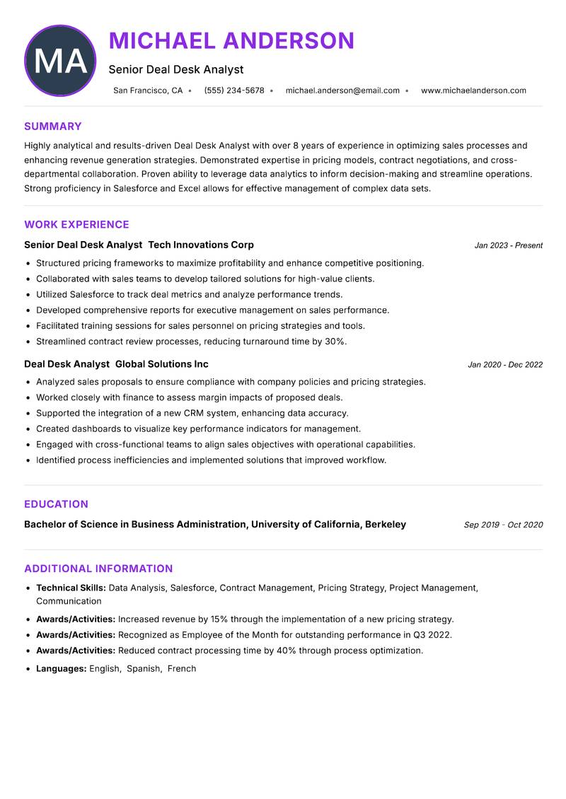 Deal Desk Analyst resume example — ATS-friendly template